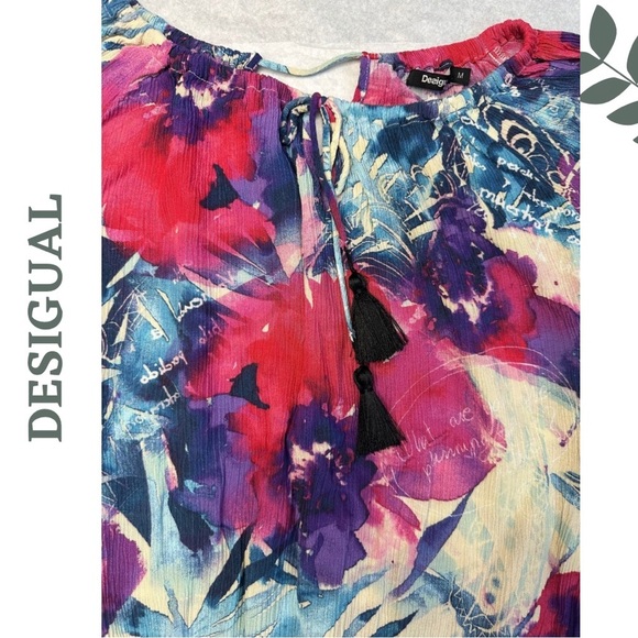 Desigual Zazil Blouse Pink Blue Oversize Floral Top Balloon Sleeve Tassel Medium - Picture 5 of 9